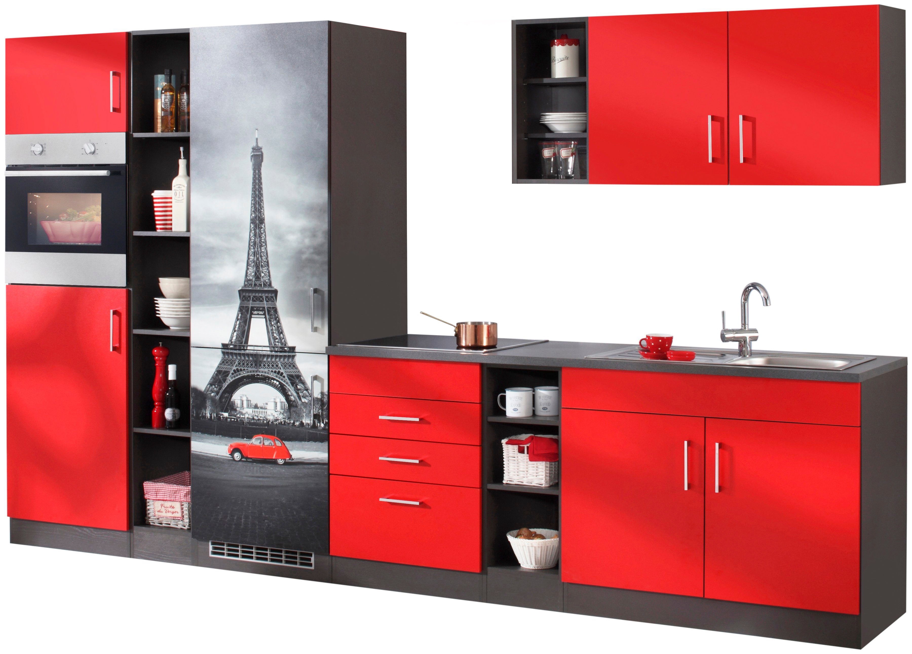 Küchenzeile KOCHSTATION "KS-Paris – Küchen mit einzigartigen Fotomotiven auf den Fronten", rot (küche: rot, front: rot, korpus: grafit, arbeitsplatte: anthrazit), B:340cm H:200cm T:60cm, Komplettküchen-Sets, ohne E-Geräte, Breite 340 cm