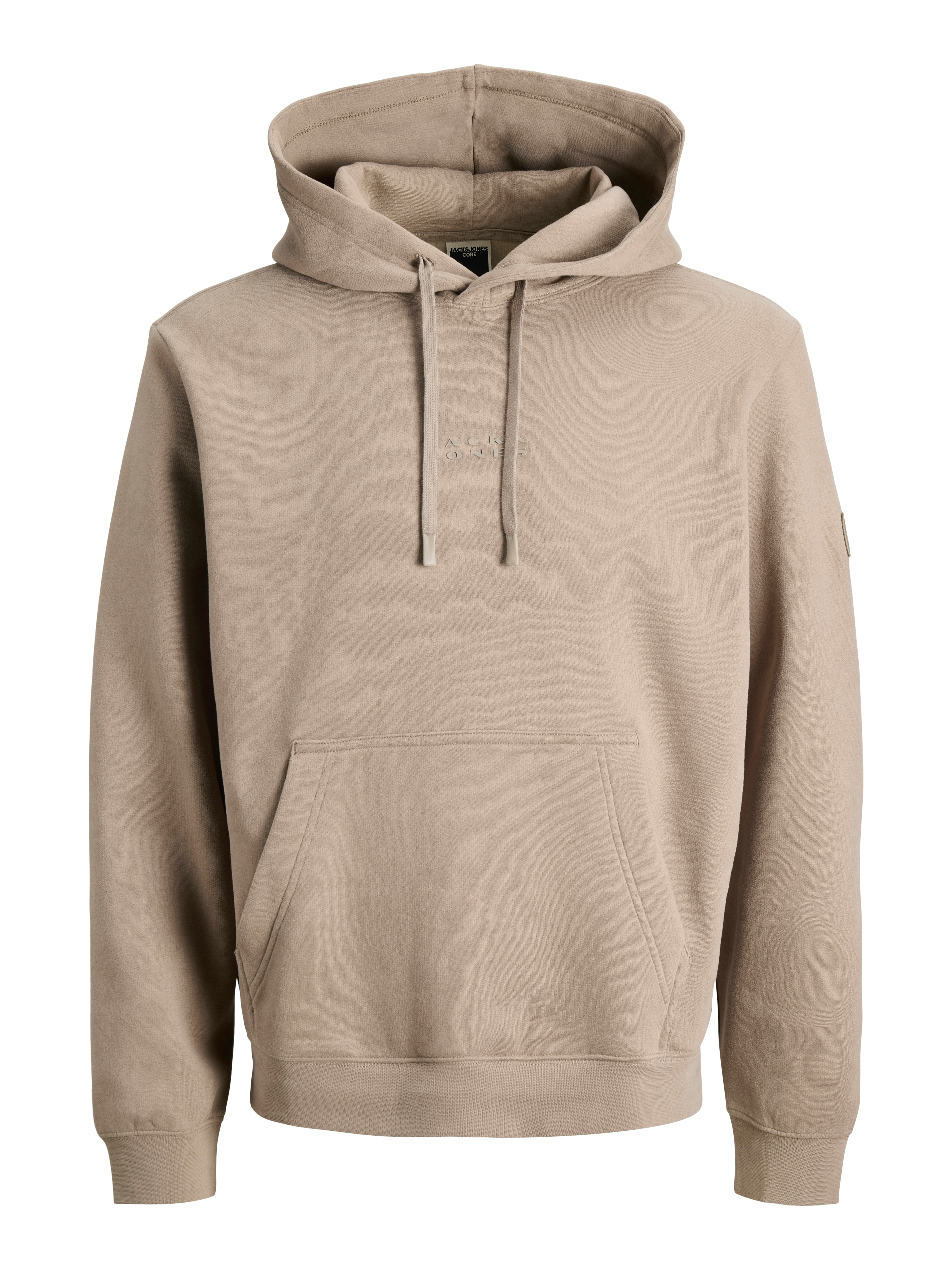 Kapuzensweatshirt JACK & JONES "JCOPOINT SWEAT BADGE HOOD BF", Herren, Gr. M, desert taupe print:jj, angeraute Sweatware, Obermaterial: 72% Baumwolle, 28% Polyester, unifarben, relaxed fit, Rippbündchen, Sweatshirts