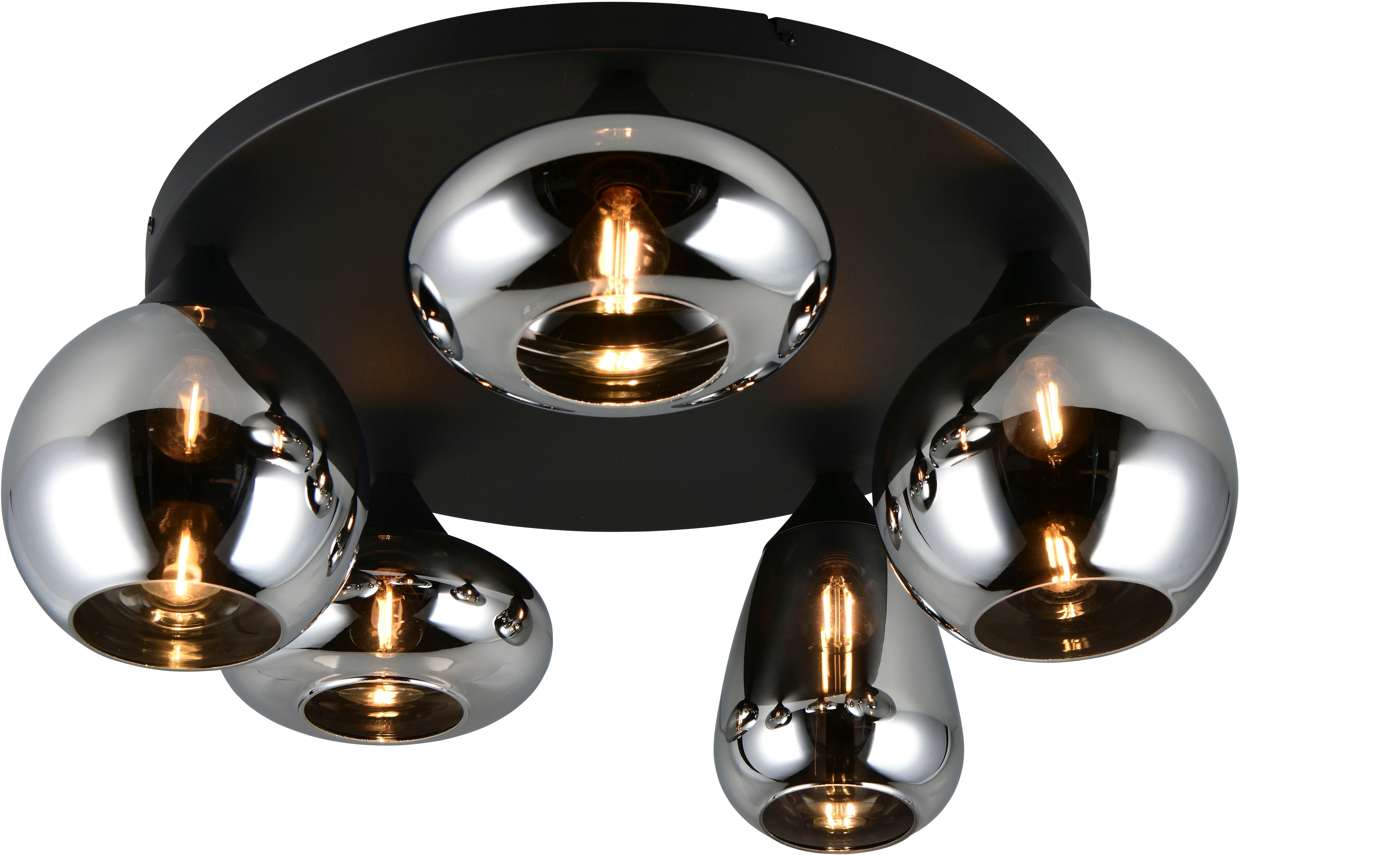 TRIO LEUCHTEN Deckenleuchte "Lumina, Deckenlampe 5-flammig mit Glasschirm, exkl 5x E14, max 10W", rauchglas, schwarz matt, 5, Ø 63,5cm H: 24,5cm, 1 Stk., Leuchten, Ø 64 cm Höhe 25 cm, spiegelnde Glas Lampenschirme in 3 modernen Formen, Deckenleuchte