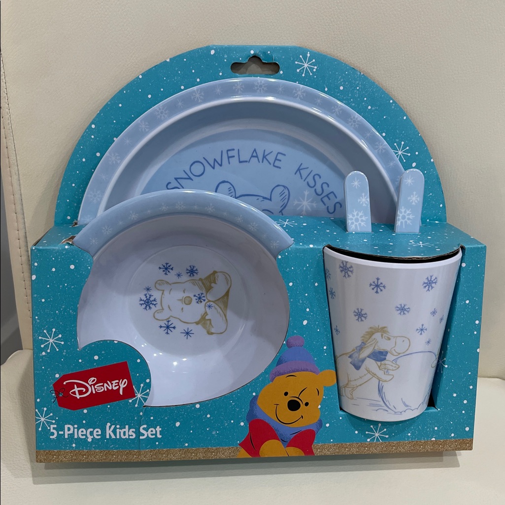 Disney Dining | Disney Winnie The Pooh Snowflake Kisses White & Blue Kids Tableware Set | Color: Blue | Size: Os