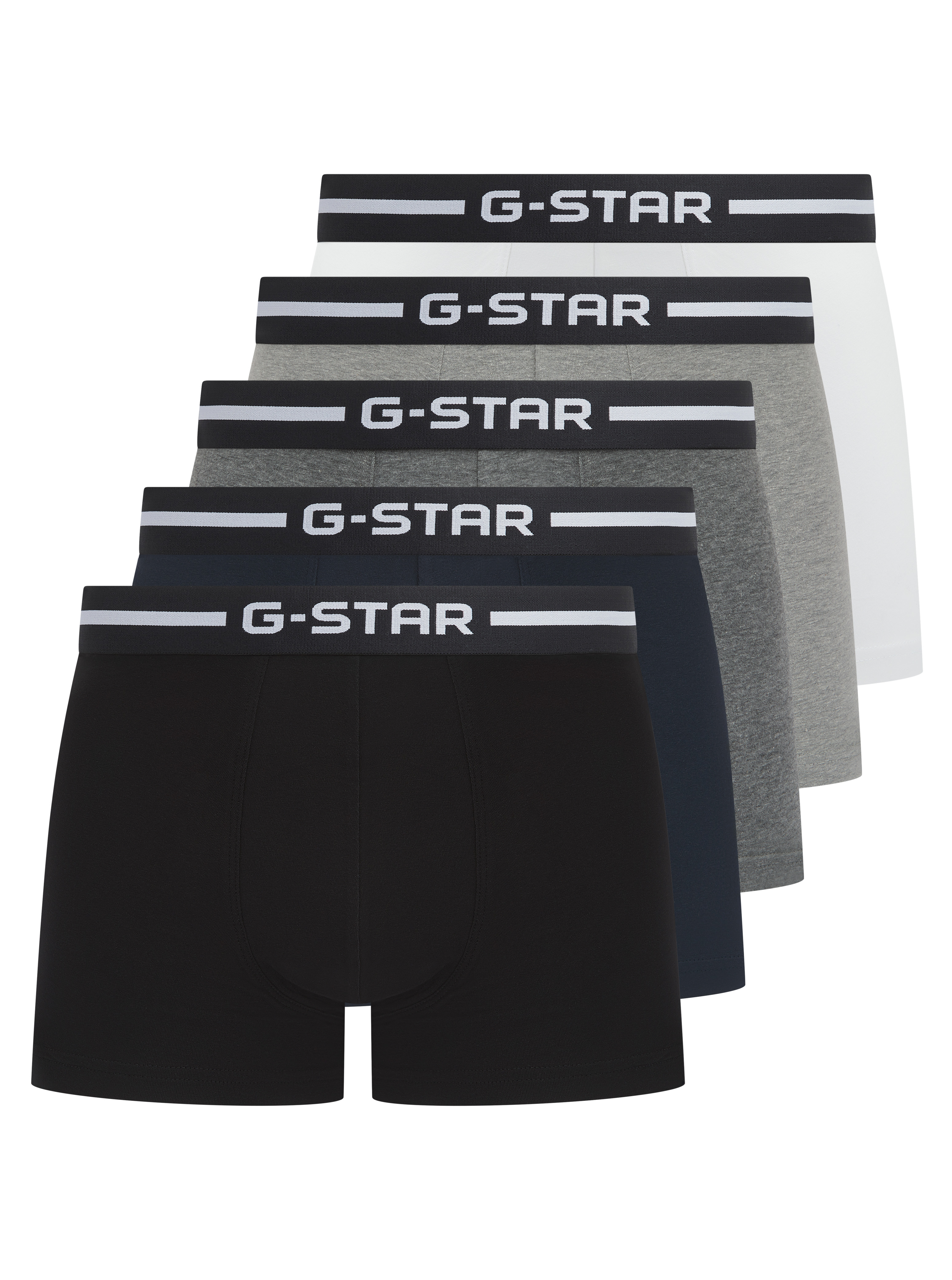 Boxershorts G-STAR "HEMLOCK, 5 PACK TRUNKS", Herren, Gr. XL, 5 Stk., schwarz, hellweiß, grau marl, dunkelgrau marl, navy, Jersey, Obermaterial: 95% Baumwolle, 5% Elasthan, unifarben, eng, Unterhosen, Bund mit Logoschriftzug