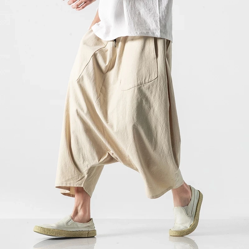 2023 Summer Men Plus Size pantaloni Casual Harem pantaloni Vintage larghi in cotone e lino a gamba larga da uomo pantaloni Pantalones elastici in vita