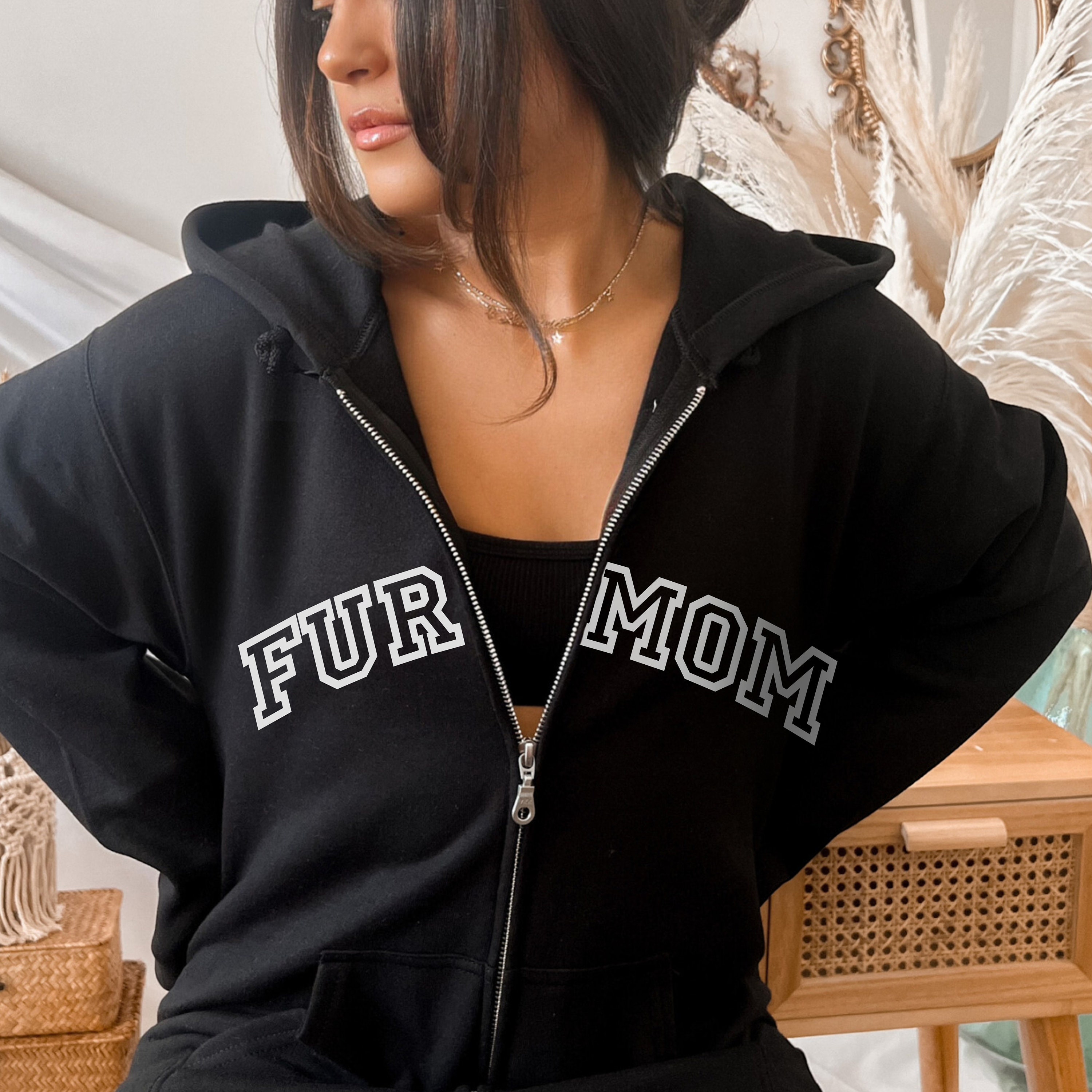 "Felpa con cappuccio e cerniera integrale \"Varsity Fur Mom\", felpa \"Cane mamma\", maglione \"Cat mom\", giacca con cappuccio \"Fur Mama College\", regalo pe"