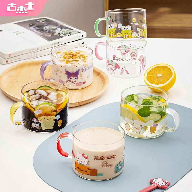 Für Sanrio 450 ml Glasbecher mit Griff für Cinnamoroll und Kuromi, niedlicher Druck, Kaffeetasse, Frühstück, Milch, Saftbecher für Kinder Image