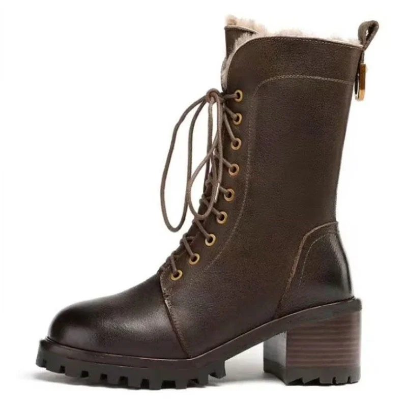 Halbhohe Damenstiefel zum Schnüren, runde Zehen, mit Fleece gefüttert, wasserdichte Damen-Schuhe mit mittlerer Wade, Mode-2025, Designer-Luxus-Gothic-Stiefel