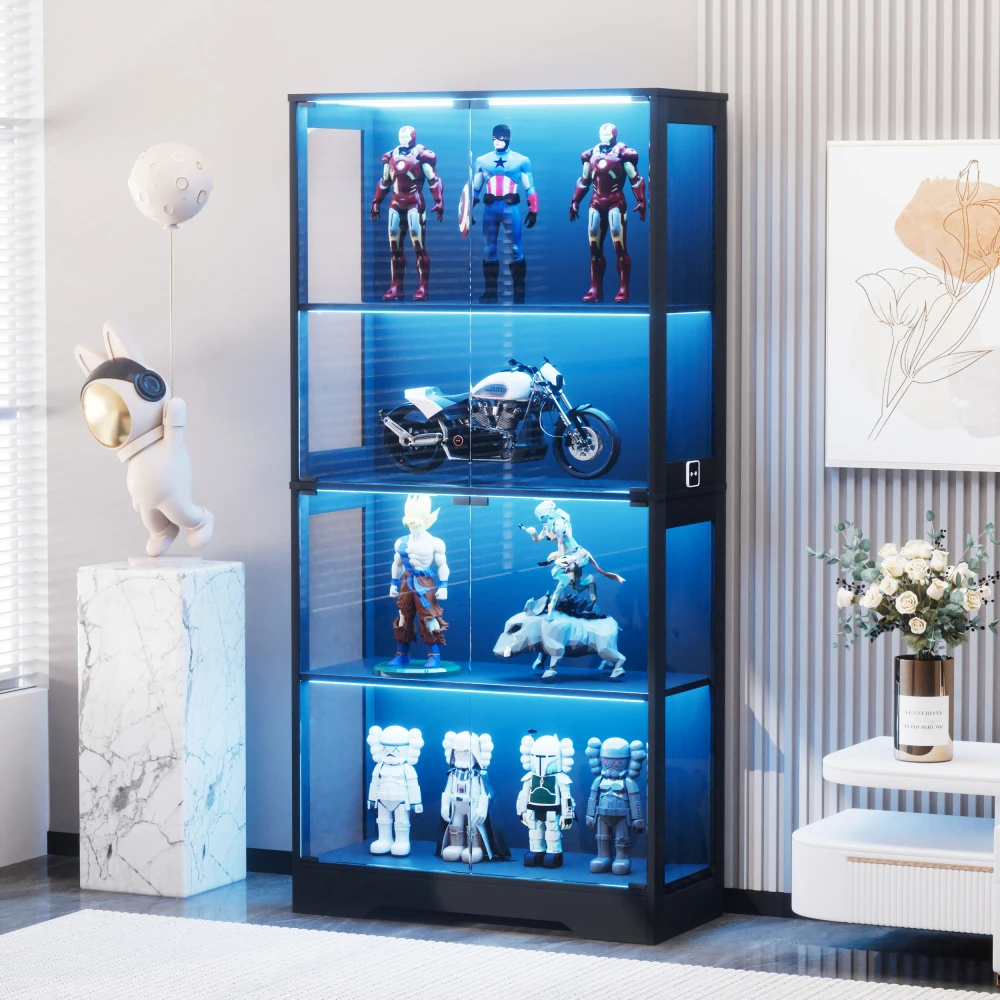 Moderne 4-stufige Vitrine aus gehärtetem Glas – mit Stauraum und intelligenten Sensor-LED-Leuchten, staubdichten Glastüren, Vitrine