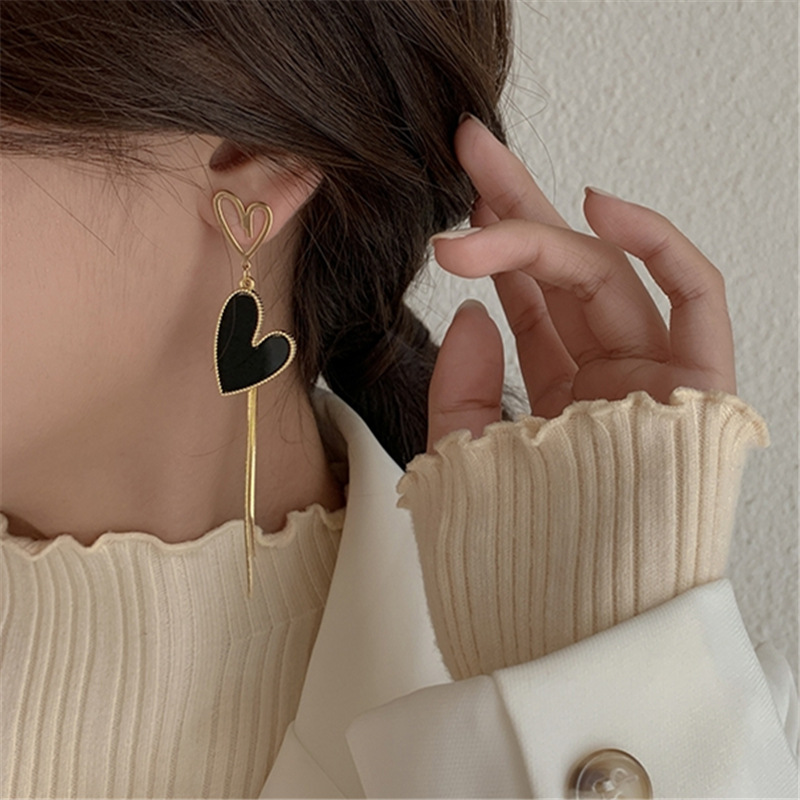 Asymmetric, Korean, Hollow Black Heart Earrings, Drop Earrings, Party Jewelry, Temperament Style, For Women 1