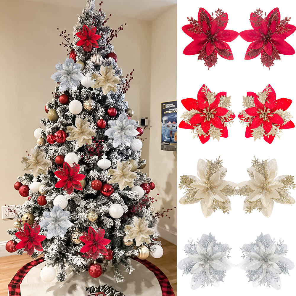 Christmas Tree Ornaments, Red Golden Silver Poinsettia Artificial Flowers, Xmas New Year Party Decoration style d 5pcs
