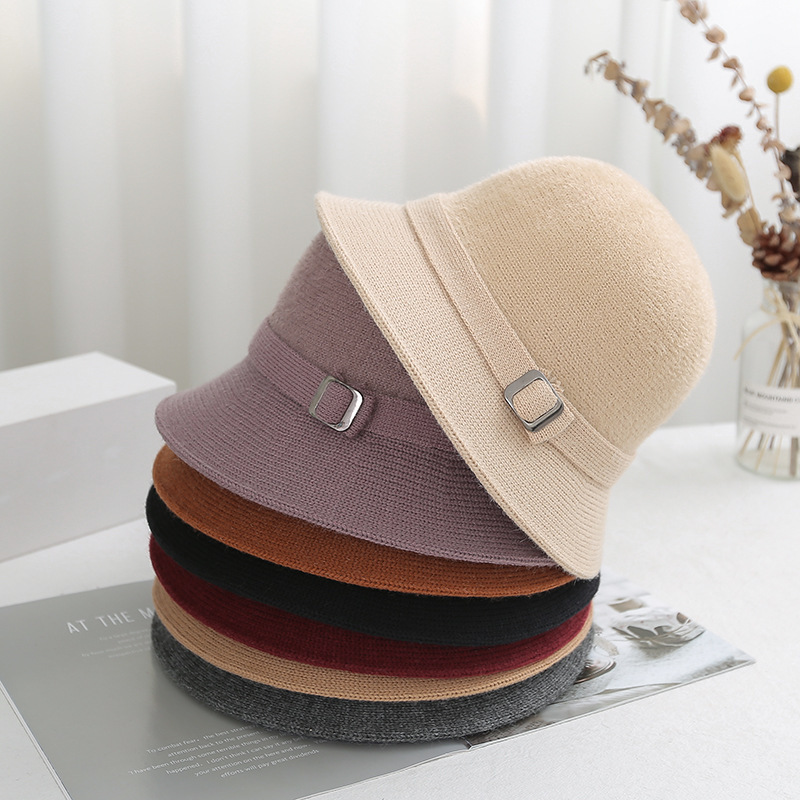Autumn Winter Solid Color Knitted Bucket Hat Women Faux Mink Cashmere Blend Artistic Versatile Sun Cap light Gray