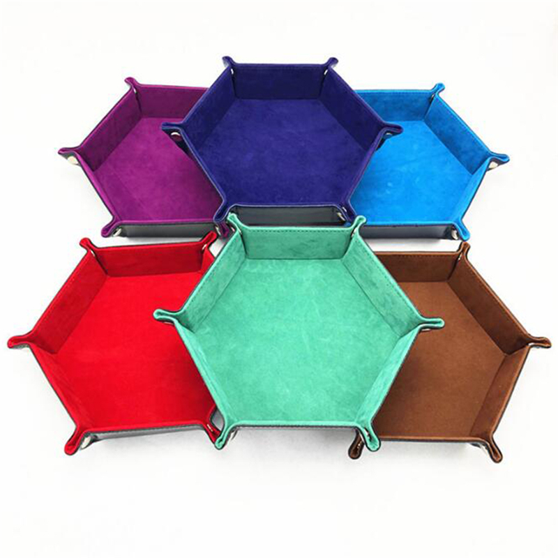 Hexagon Dice Game Storage Tray, Rolling Folding PU Leather Velvet Dice Mat red 01