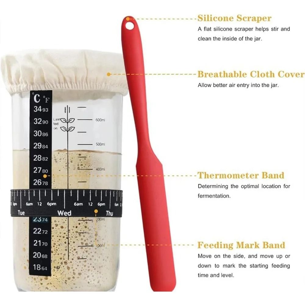 Sourdough Starter Container With Feeding Band Thermometer And Silicone Scraper 24 Oz Sourdough Starter Container With Feeding Band Thermometer And Silicone Scraper 24 Oz