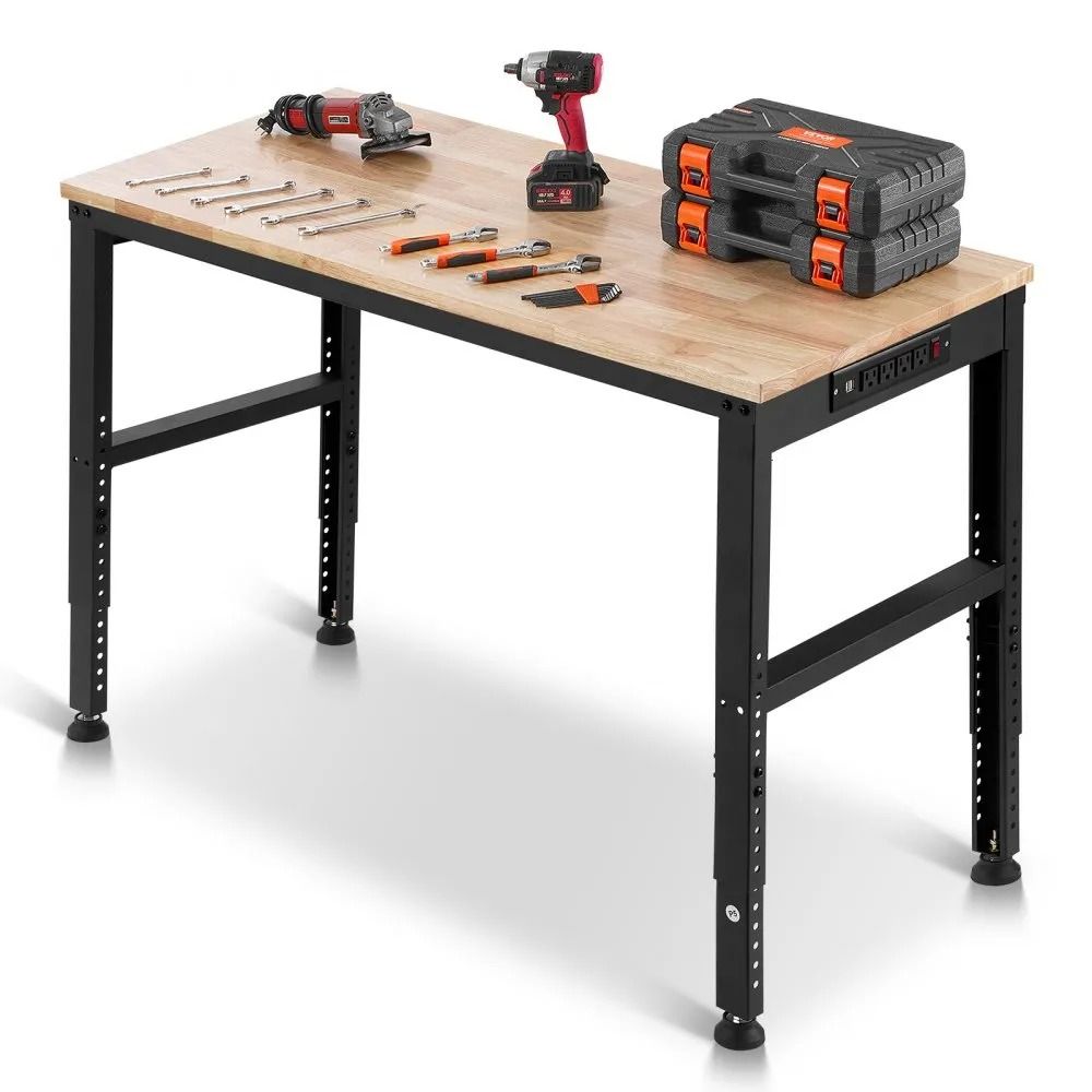 Adjustable Workbench, Heavy Duty Workbench With Power Outlets, Height Adjustment, Ideal For Garage, Office, Workshop Adjustable Workbench, Heavy Duty Workbench With Power Outlets, Height Adjustment, Ideal For Garage, Office, Workshop