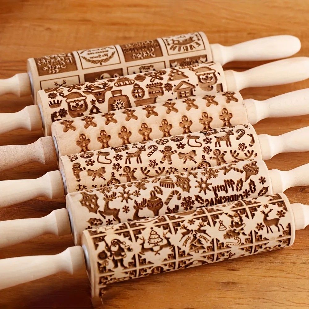 13.7in Wooden Christmas Embossed Rolling Pin Deep Engraved Cookie Dough Roller With Santa, Reindeer & Boots Patterns santa Claus