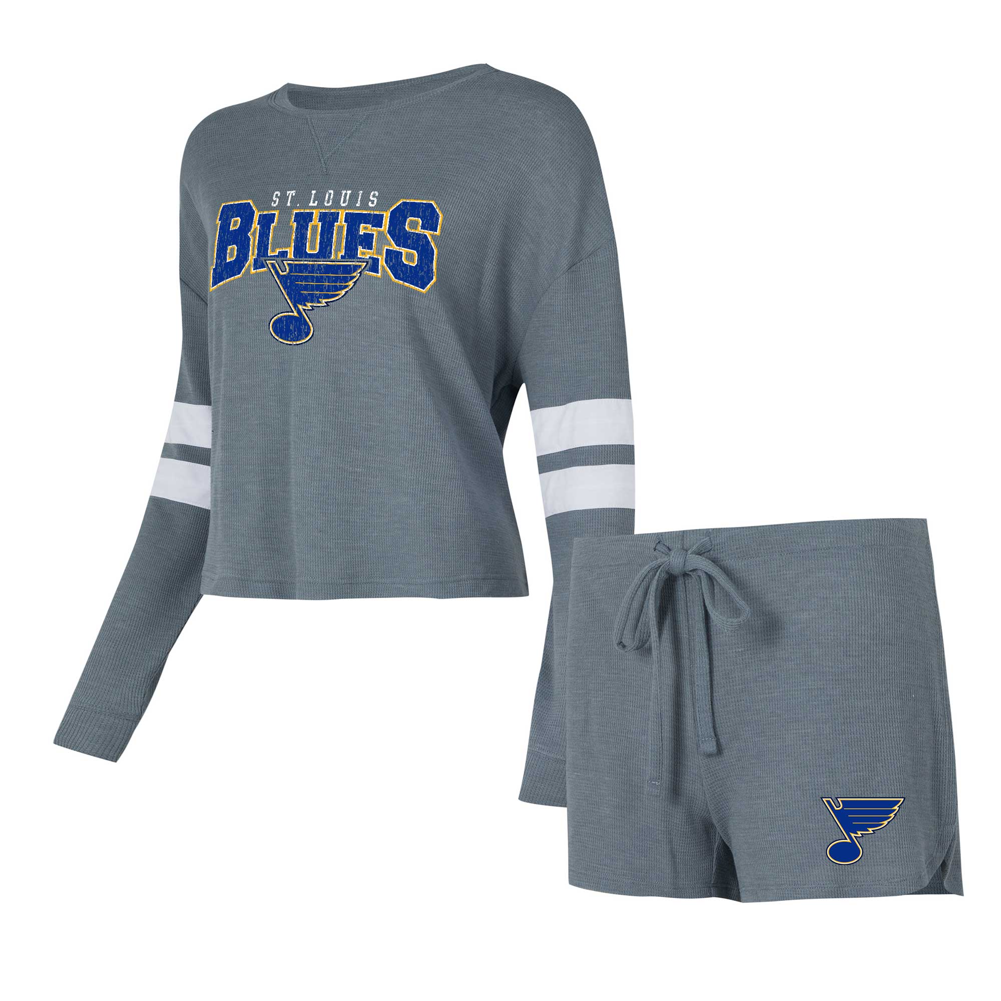 Concepts Sport Damen-Schlafanzug-Set in Anthrazit mit St. Louis Blues Meadow-Motiv, bestehend aus Langarmshirt und Shorts. Image