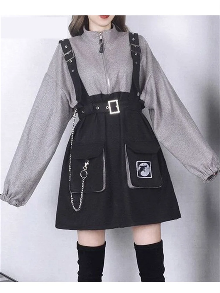2023 frau Kleid Gothic Mädchen Y2K Vintage Kleidung Strap Gürtel Kette Lose Beiläufige Sweatshirt Kleider Sets Lolita Koreanische Robe Femme