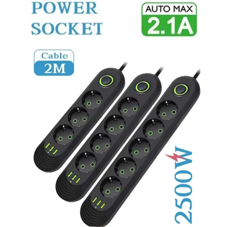 2500 W EU-Stecker-Steckdosenleiste, AC-Steckdose nach europäischem Standard mit USB-Ladeanschlüssen, Schnellladebuchse für zu Hause mit 2 m Verlängerungskabel Image