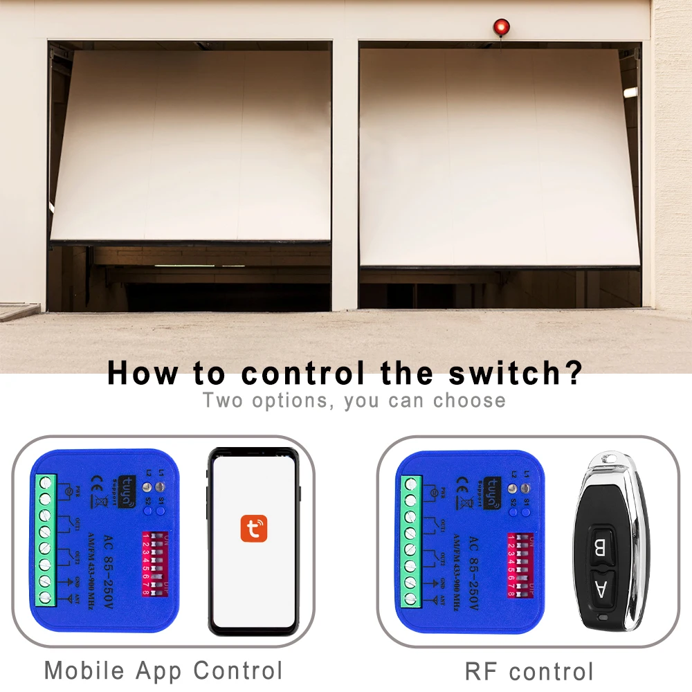 Tuya Smart Garage Tür Empfänger 2 Kanäle Wifi Relais Schalter Arbeit Für 300-900 MHz 433,92 MHz 868 MHz Tor Fernbedienung Image