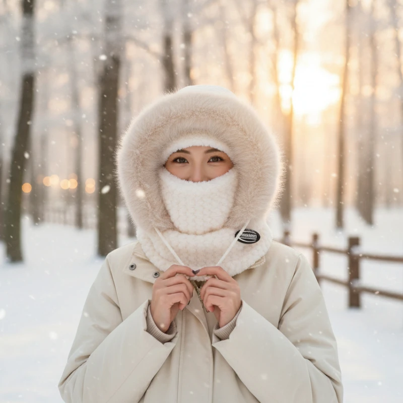 Dicke Wintermütze aus Plüsch für Damen, Thermohaube mit integriertem Schal und Maske, winddichter Gehörschutz zum Radfahren im Freien Image