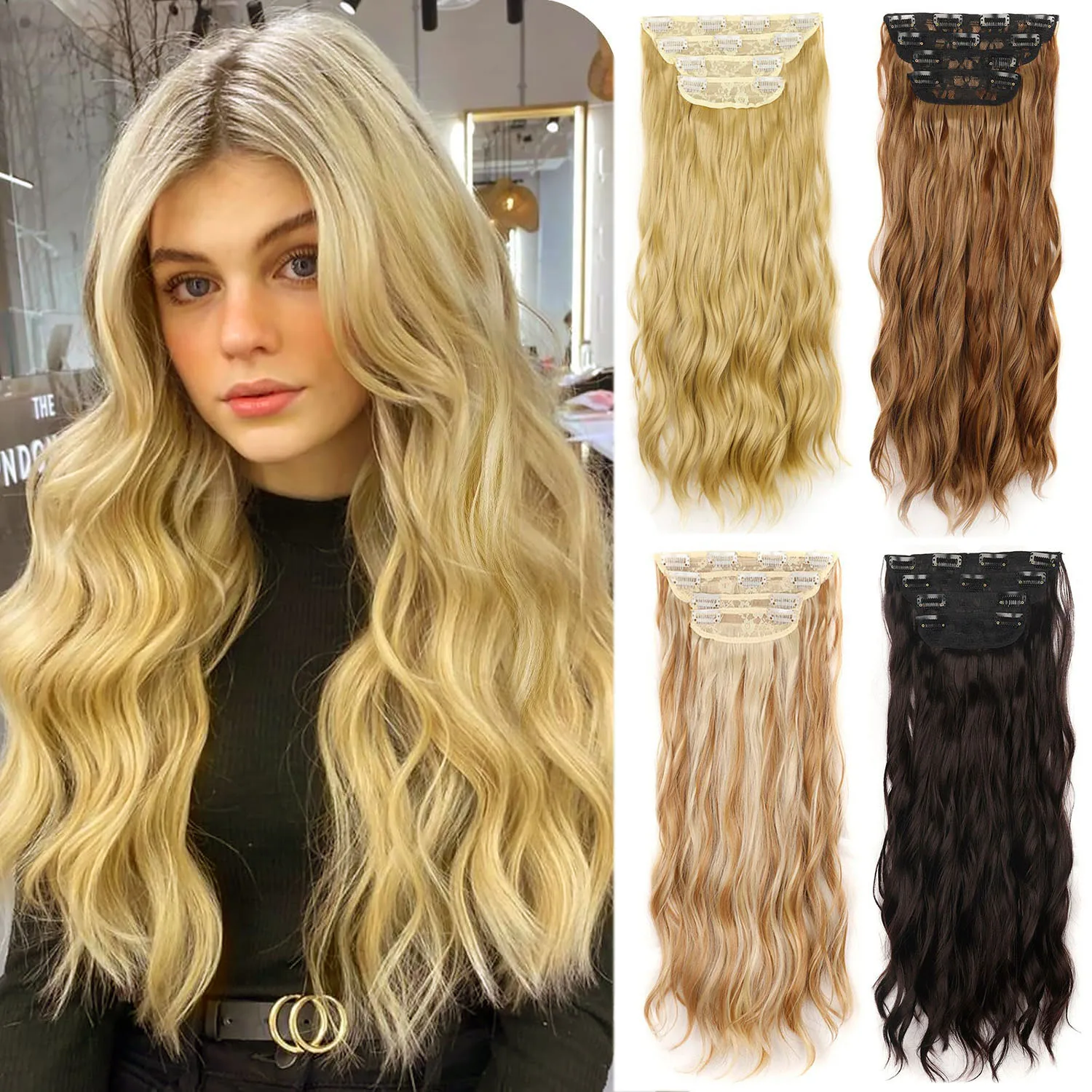 Jeedou Clip-in-Haarverlängerungen, 4 Stück/Set, langes, federndes, lockiges Strand-Wellenhaar für Frauen, synthetische Haarteile für den täglichen Gebrauch Image