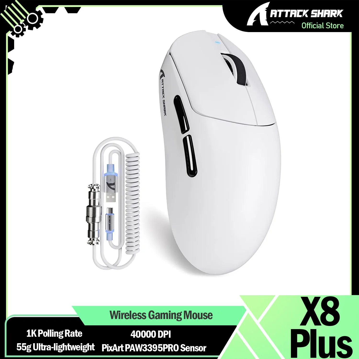 ATTACK SHARK X8 PLUS 55g Wireless Gaming Mouse With C06 Ultra LED Cable, PixArt PAW3395PRO Gaming Sensor, 40000 DPI, 500mAh