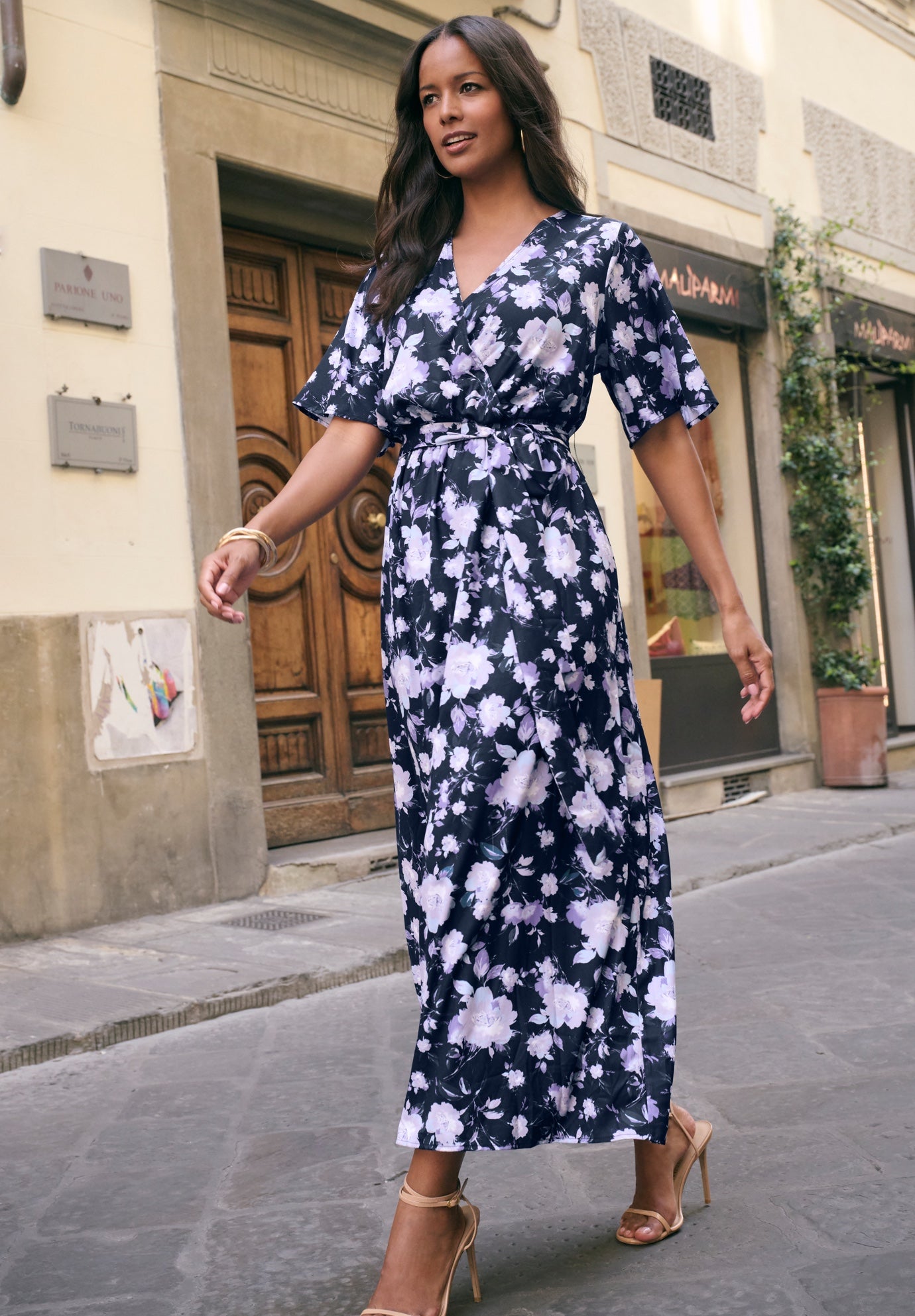 Plus Size Women's Georgette Faux Wrap Maxi Dress by Roaman's in Navy Watercolor Bloom (Size 14/16)