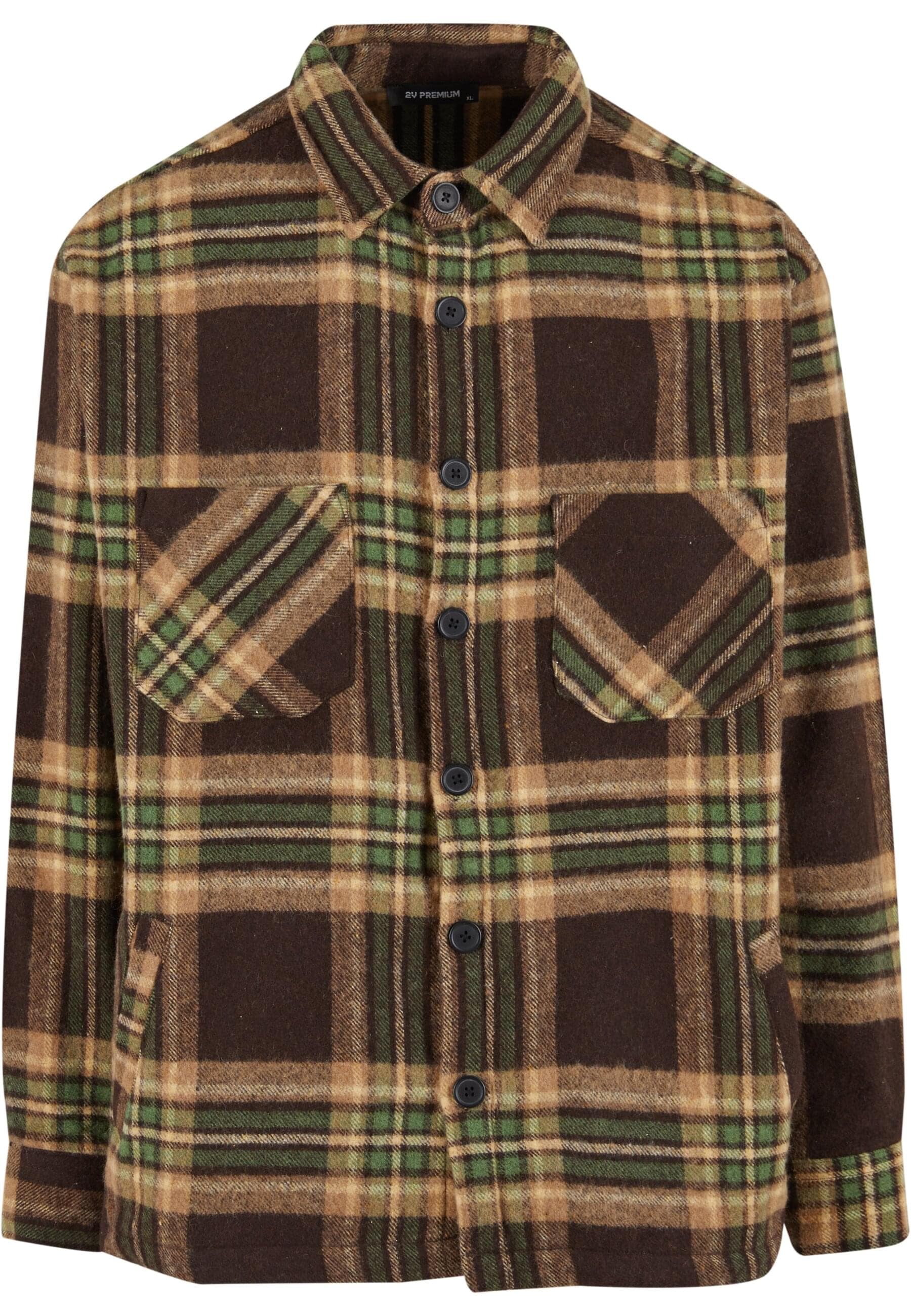 Langarm-Poloshirt 2Y PREMIUM "2Y Premium 2Y Premium Woven Hemden", Herren, Gr. S, braun, 50% Polyester, 50% Wolle, kariert, oversize, amerikanischer Ausschnitt, Shirts