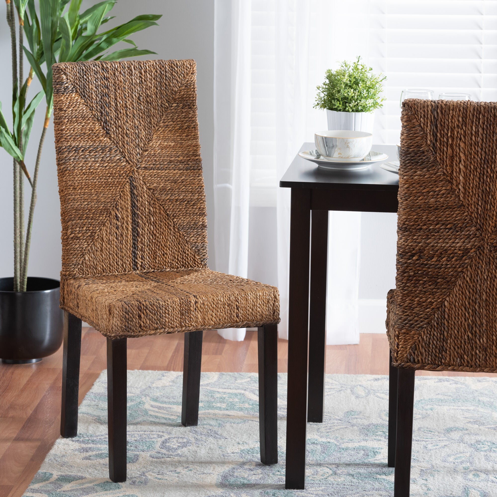 Laymi Modern Bohemian Dark Brown Mahogany Wood and Seagrass Dining Chair by Baxton Studio in Brown (Size OS)