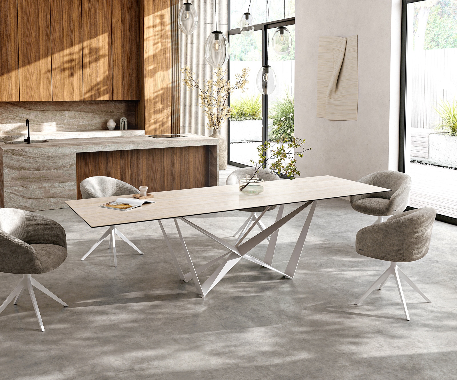 DELIFE Esstisch Edge 300x100 Keramik Laminam® Travertino Bianco Creme-Weiß Spider Metall Weiß, Esstische Image