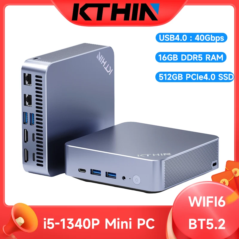 Mini PC i5-1340P WIFI6 BT5.2, Mini PC de jeu, LAN 2.5G, USB4.0, 32 Go DDR5 4800 MHz, SSD PCIe, Mini ordinateur de bureau