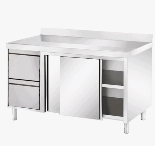 VM Europa Edelstahl Arbeitsschrank mit 2 Schubladen links, mit Zwischenboden - alle Größen montiert: 160 x 70 cm / mit Aufkantung / fertig montiert Image