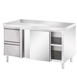 VM Europa Edelstahl Arbeitsschrank mit 2 Schubladen links, mit Zwischenboden - alle Größen montiert: 150 x 60 cm / ohne Aufkantung / fertig montiert Image