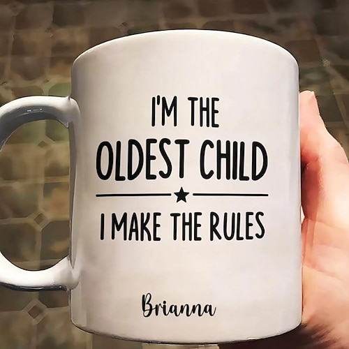 Personalisierte Geschenktasse für ältere Kinder, individueller Name, Keramik-Kaffeebecher, wer die Regeln macht, 325 ml, weiß, Geburtstag, Weihnachten, Familienhumor-Kaffeebecher Image