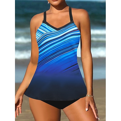 Woman's Tankini 2-teiliger Badeanzug Frecher Bauchkontrolle Hohe Taille Slim Rückenfrei Urlaub Strandbekleidung Ombre U-Ausschnitt Ärmlos Badeanzüge Image