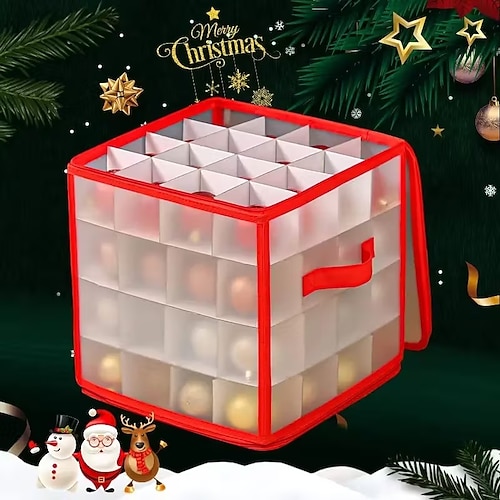 Aufbewahrungsbox für Weihnachtsschmuck mit 64 Fächern, Reißverschluss, Schneeflocken-Kugel-Organizer, Vinyl-Kunststoffbehälter mit Griff zur Aufbewahrung kleiner Weihnachtsdekorationen Image