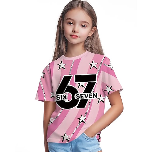 Mädchen 3D Grafik Lustiger Slang 67 T-Shirt Kurzarm 3D-Druck Sommer Frühling Sport Mode Streetwear Kinder 4-12 Jahre Rundhalsausschnitt Outdoor Lässig Täglich Normale Passform Image