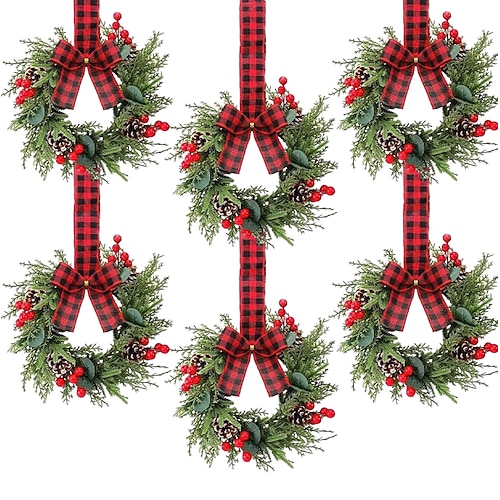 6 kleine Weihnachtskränze, 6-Zoll-Mini-Weihnachtskränze für Schränke, kleine Schrankkränze für Küchenschränke, Fenster, Türen, Weihnachtsdekorationen im Landhausstil, Kerzenringe, Kamine Image