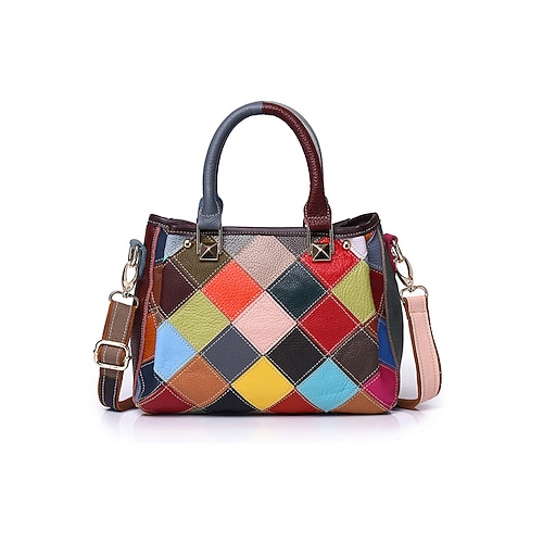 Damenhandtasche aus Leder, mehrfarbiges Patchwork-Design, aus echtem Leder, vielseitig tragbar mit Tragegriffen und verstellbarem Schulterriemen, stilvoll und funktional für den Alltag und besondere Anlässe.