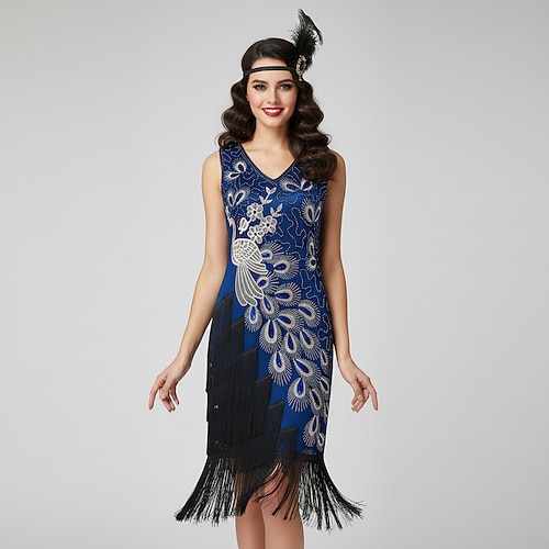 Set Retro Vintage Goldene Zwanziger 1920er Knielang Flapper Kleid Flapper-Stirnband mit Zubehör Ärmellos Der große Gatsby Flapper-Mädchen Hochzeitsgast Pailletten Quastenfransen Feder V Ausschnitt Image