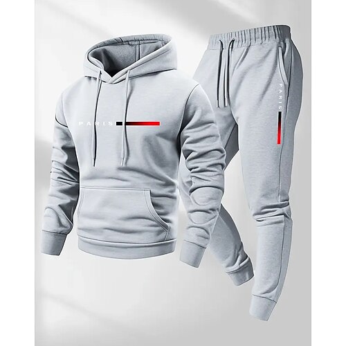 Herren 2-teiliger Trainingsanzug Sport-Jogginghose Kapuzenpullover mit Tasche Einfarbig Kombination Herbst Winter Dunkelgrau Marineblau Fitnessstudio Wandern Training Leicht Atmungsaktiv Langarm Sport Image