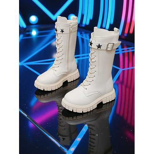 Kinderschuhe im Stil koreanischer Popstars – weiße Kunstlederstiefel mit Sternschnalle, trendig und bequem, ideal für Freizeit, Partys und Modeveranstaltungen Image