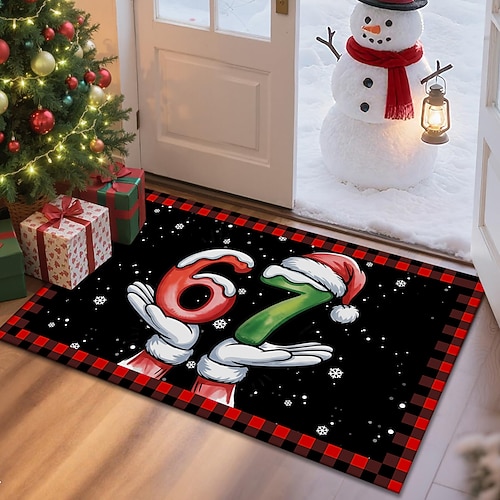 Weihnachtsfußmatte mit lustigem 67-Meme-Design, weich bedruckt, mit Kaschmir-Imitat, für Eingangsbereich, Bad, Küche und festliche Dekoration. Image