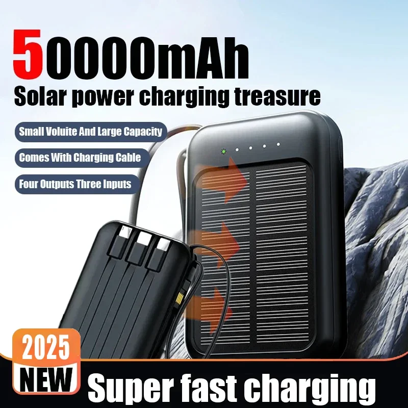 50000 mAh Solar Power Bank Gebaut Kabel Schnelle Ladegerät 2 USB Ports Externe Ladegerät Power Bank LED Licht Für Iphone Xiaomi Samsung Image