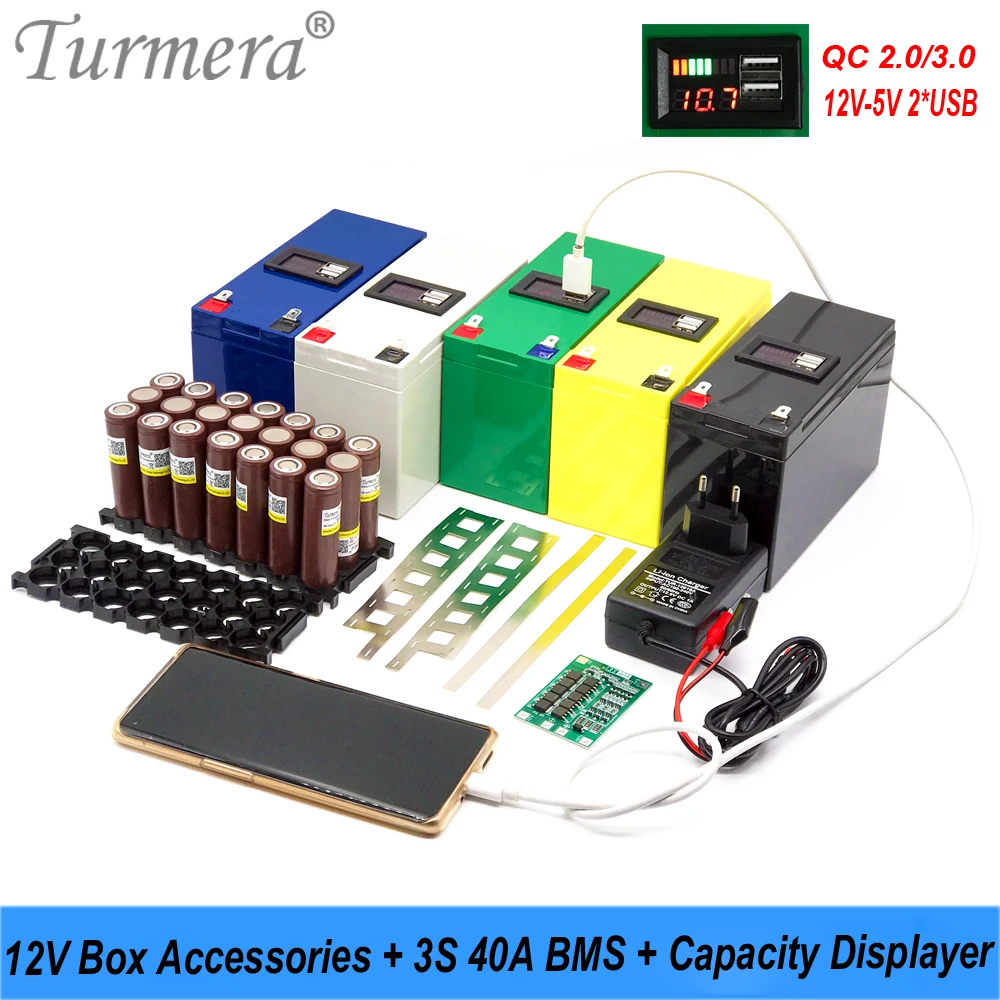 Turmera 12V Batteriekasten 3X7 18650 Halter 3S 40A BMS DC 12V bis 5V QC3.0/2.0 2*USB Displayer zum Ersetzen von Motorrad-Blei-Säure-Nutzung Image