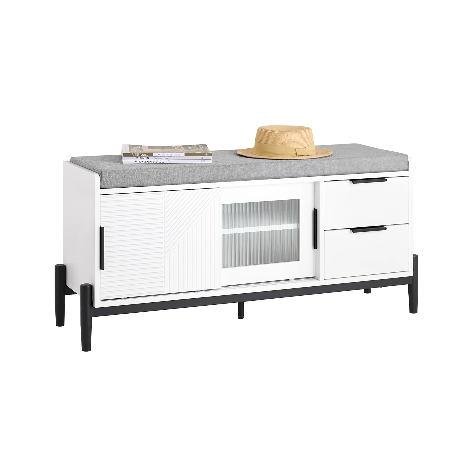 SoBuy FSR187-W Schuhbank mit Sitzfläche Sitzbank Dielenbank mit Schiebetüren Schuhregal schmal Weiß BHT ca. 110x51x35cm Weiß