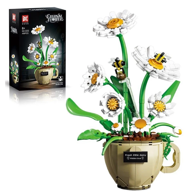 496PCS Kreative Daisy Rose Topfpflanze Bouquet Ornamente Pädagogisches Montage Bausteine Spielzeug Geschenk Blume Hause Dekoration Image