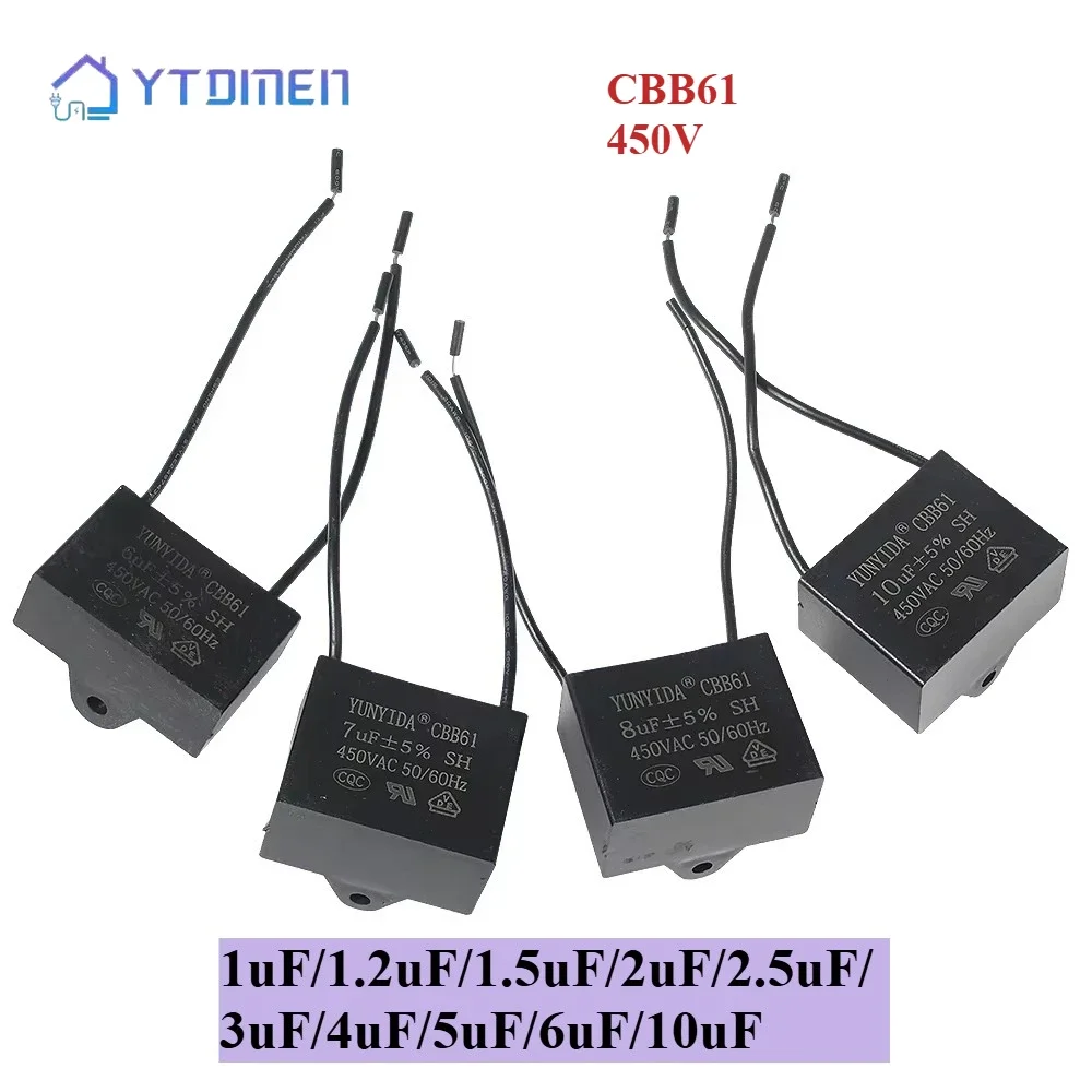 CBB61 Lüfterkondensator, 450 V, Deckenventilatormotor, laufender rechteckiger Kondensator, Anschluss 1 uf/1,2 uf/1,5 uf/2 uf/2,5 uf/3 uf/4 uf/5 uf/6 uf/10 uf Image