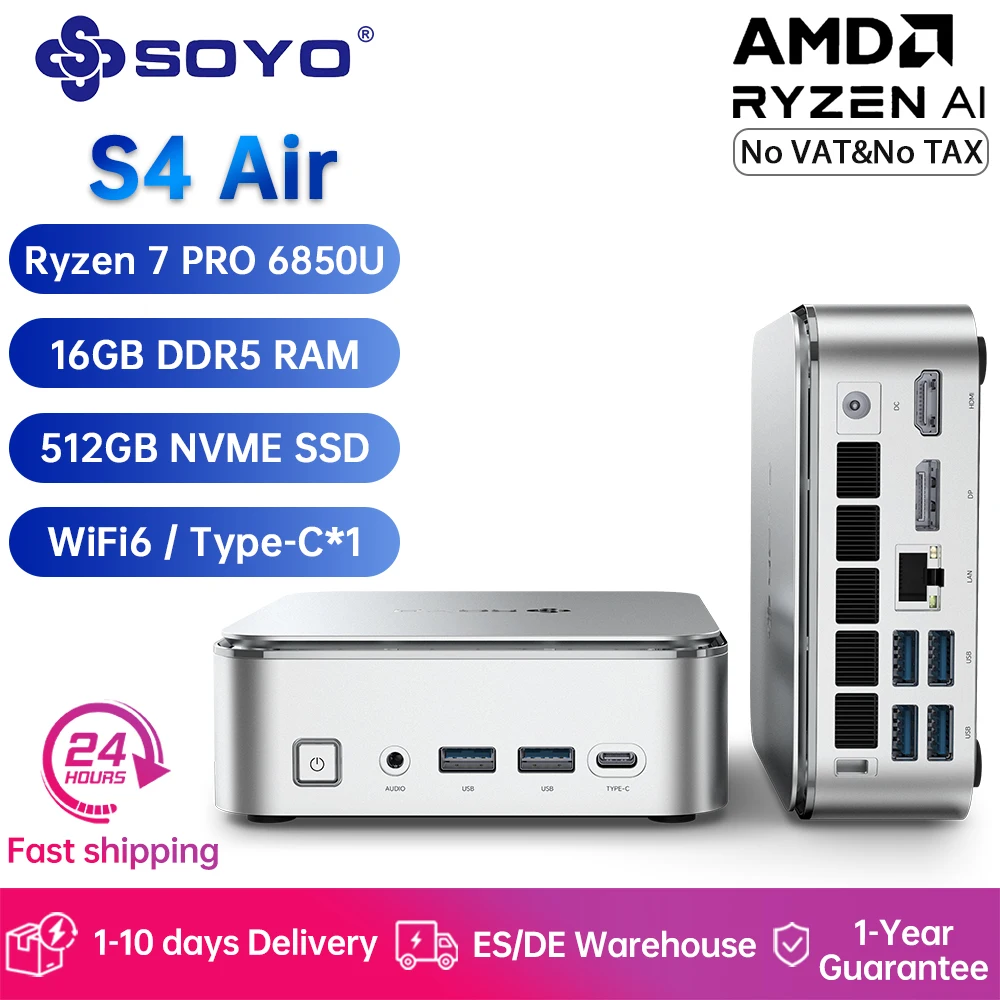 SOYO S4 Air Mini PC Gaming Computer AMD R7-6850U CPU 16 GB DDR5 512 GB SSD NVME PCIE3.0 Window 11 Pro WiFi6/BT5.2 Mini-Computer