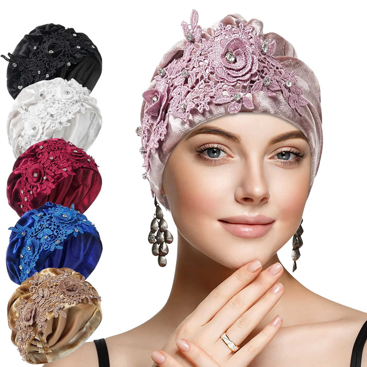 Blume Stickerei Turban Kappe für Frauen Mode Weibliche Kopf Wraps Samt Muslimischen Kopftuch Motorhaube Turbante mujer Image