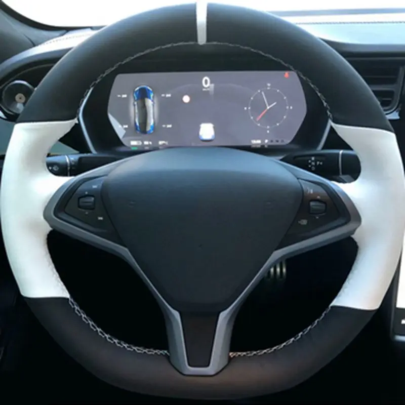 Auto Lenkrad Abdeckung Schwarz Echtes Leder Wildleder Geflecht Für Tesla Model S 2009-2021 Modell X 2012-2021 Auto Zubehör Image