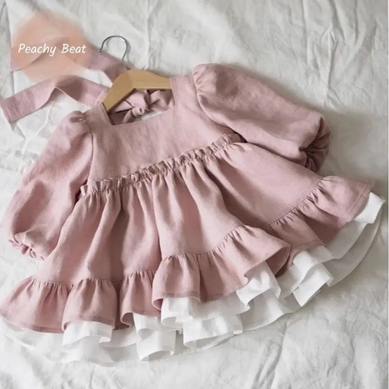 Baby Mädchen Prinzessin Baumwolle Leinen Rüschen Kleid Lange Sleeve Infant Kleinkind Kind Elegante Vestido Frühling Herbst Baby Kleidung 1-4Y Image